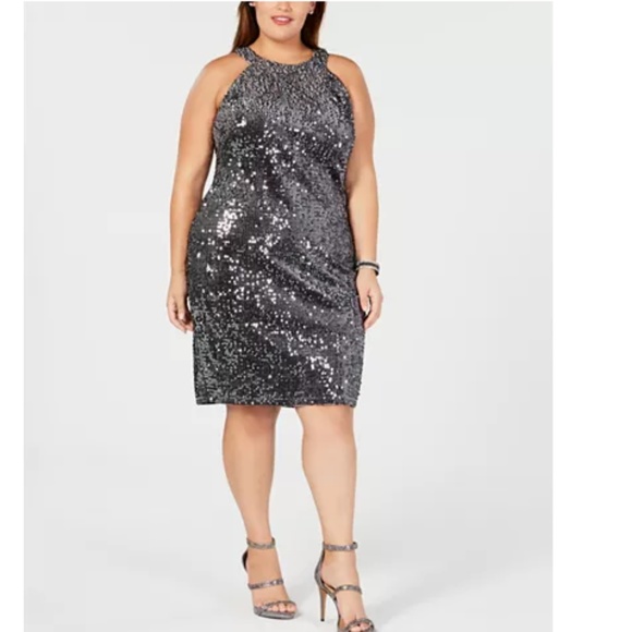Night Way Collections Dresses & Skirts - NWT NightWay Velvet Sequin Halter Dress 14 Silver